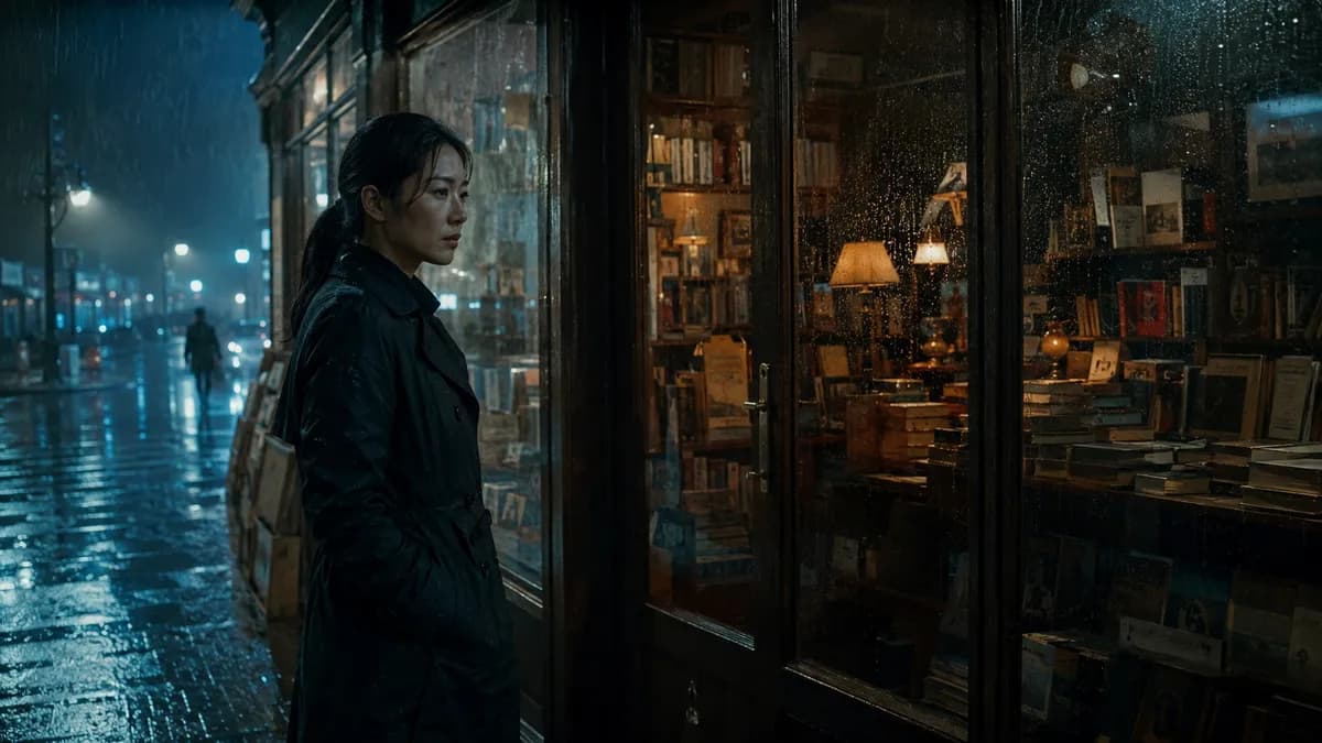 雨夜青蓝街道上，一位成年调查者站在亮着暖灯的旧书店外